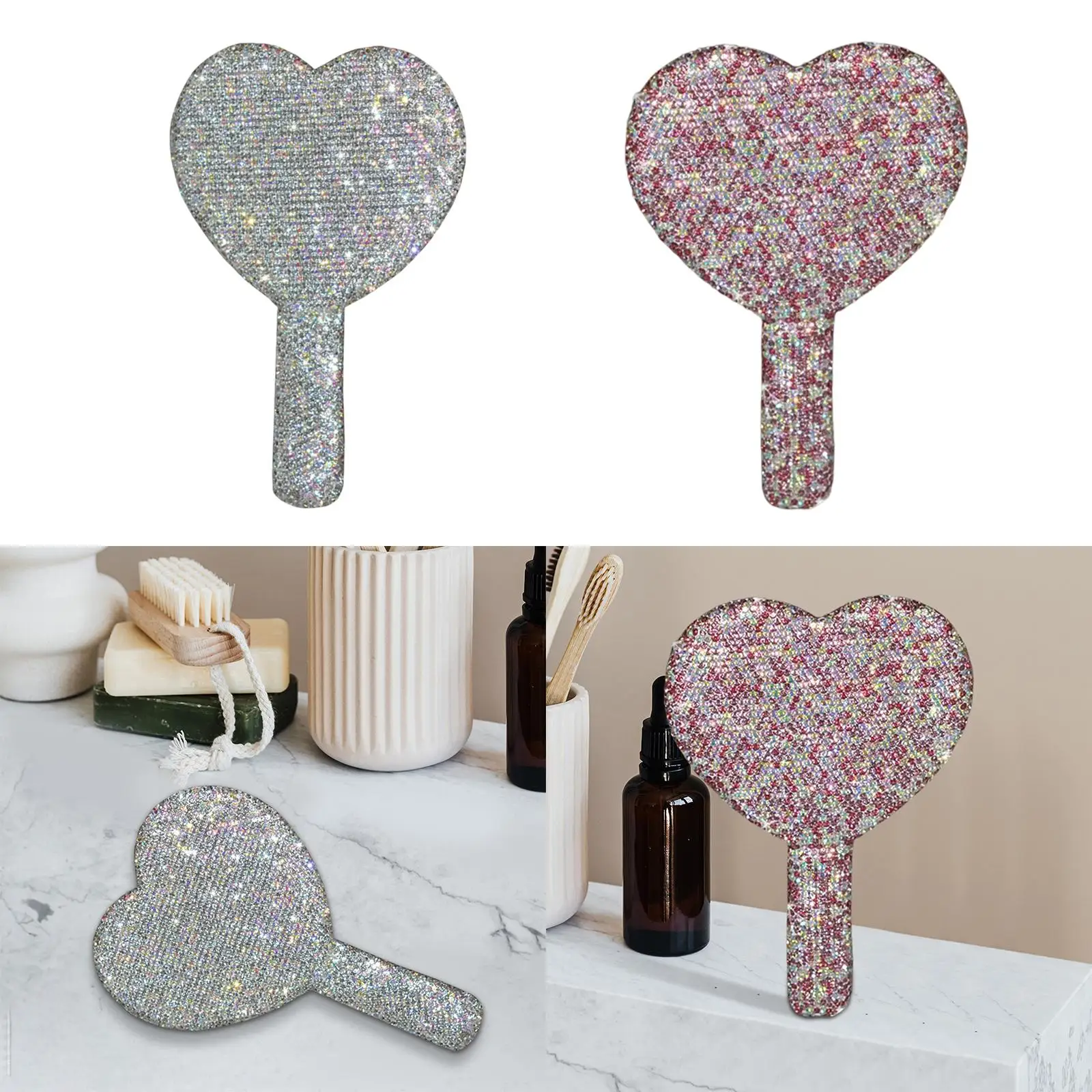 Handheld Makeup Mirror RhinestDecor Travel Mirror Hand Mirror for Women Girls