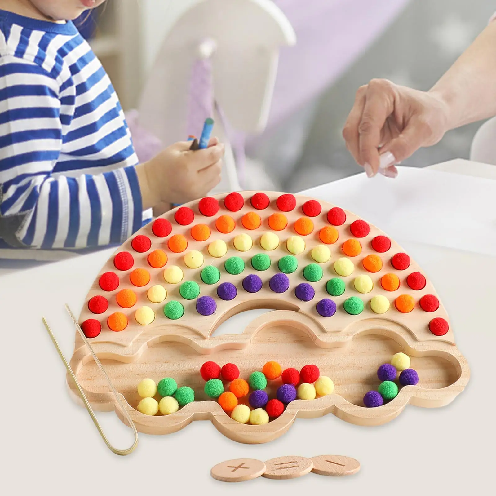 Wooden Board Bead Game, Color Sorting Stacking Toys, Early Learning Rainbow Clip