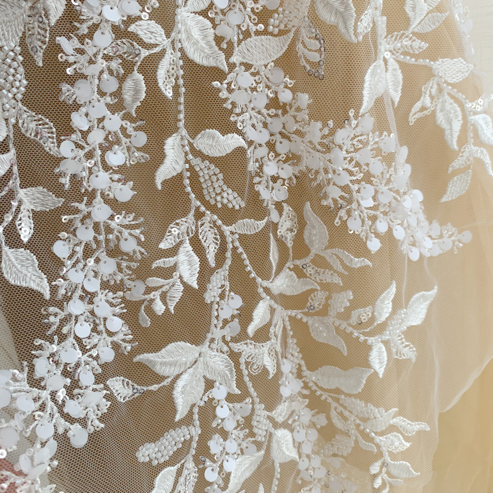 Weiße Waldblatt-Perlen-Glitzer-Spitze, große Blumen, Hochzeitskleid DIY, großer Stick, RS2552 – Detail 8