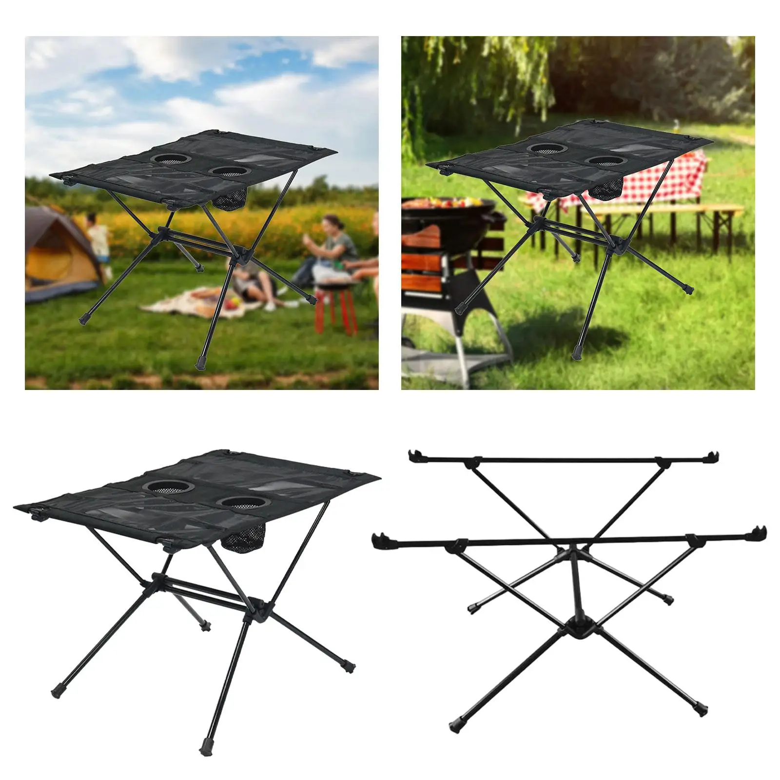 Folding Camping Table Portable Desk Detachable Retractable with Storage Mesh with 2 Cup Holes Aluminum Alloy for Fishing Garden