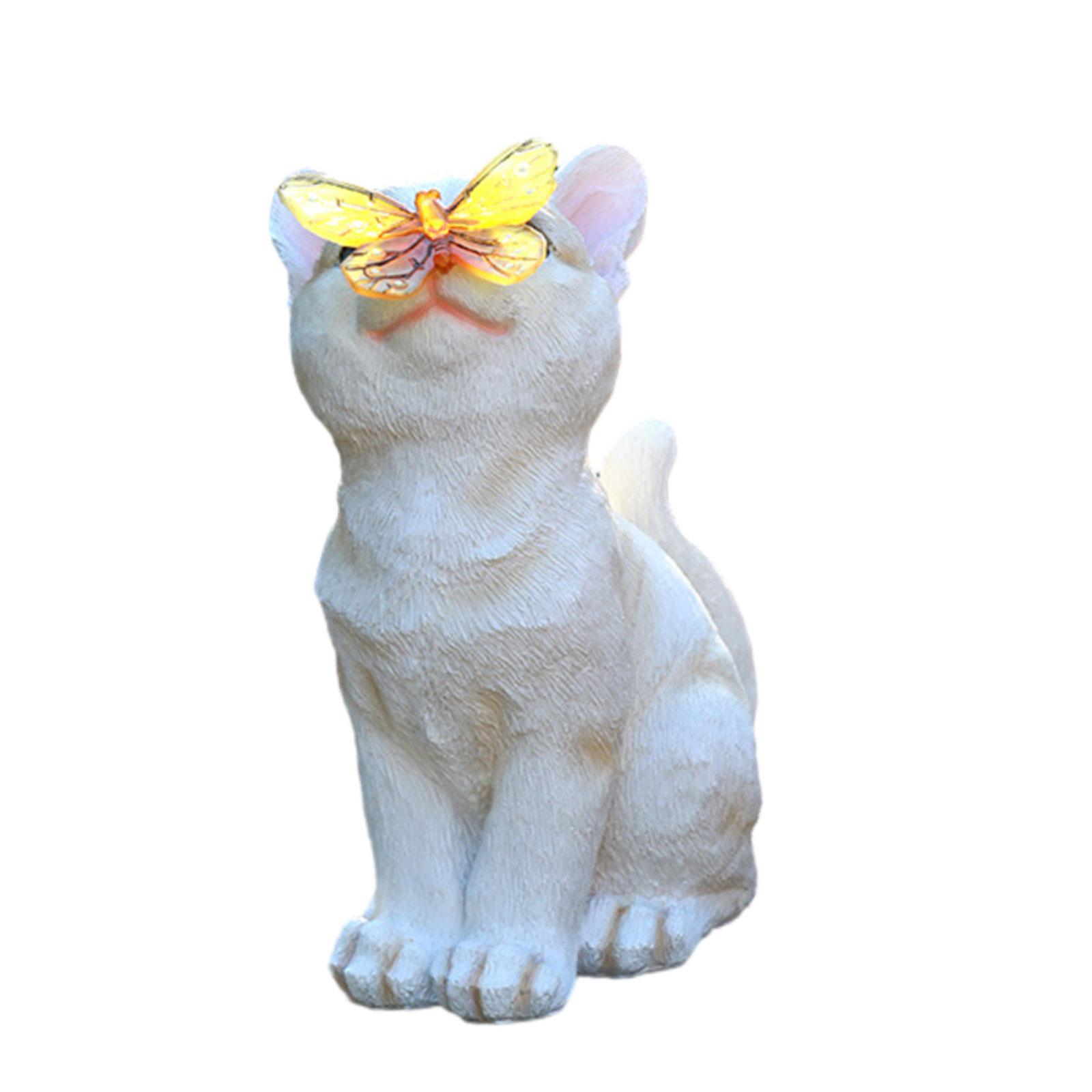 Garden Cat Statue Butterfly Solar Light Decorative Realistic Resin Painted Figurine for Landscape Patio Porch Backyard Lawn