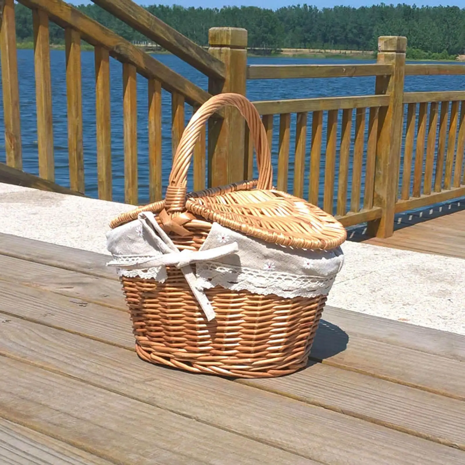 Handwoven Wicker Picnic Basket with Lid and Handle for Chips Fruits Bread