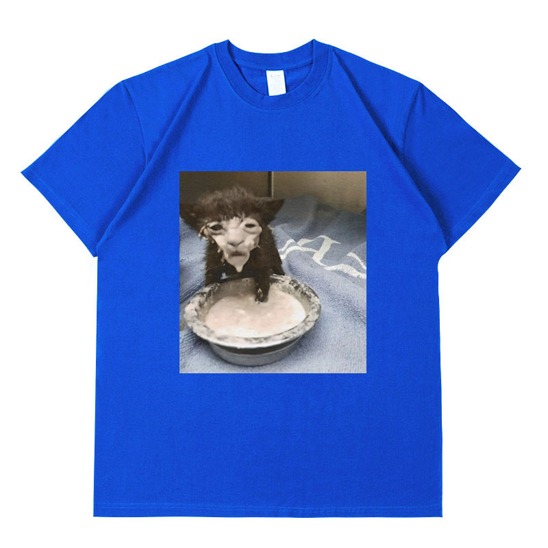 Milch gesicht Katze Meme Print T-Shirt seltsamen Humor lustige Katze Grafik T-Shirts Männer Frauen Mode Baumwolle übergroße T-Shirt Streetwear – Detail 6