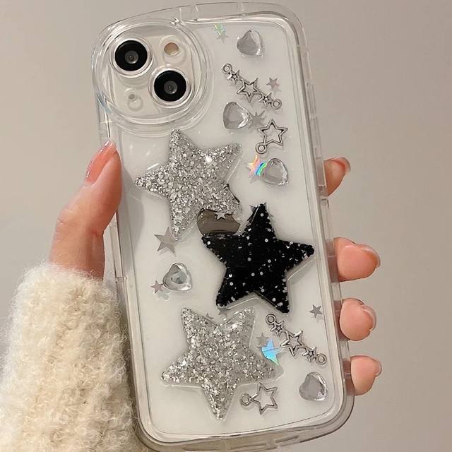 Korean INS Black Epoxy Glittering Stars Artificial Gems Case for