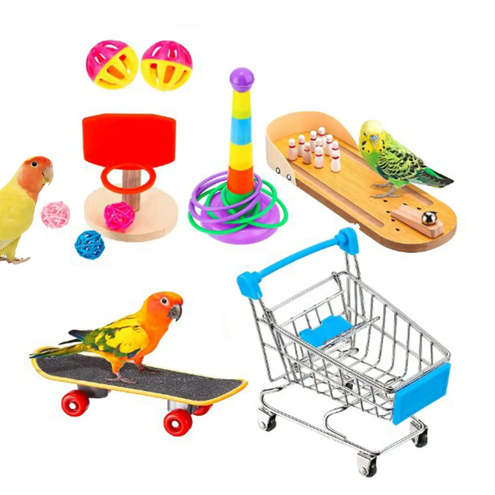 Parrot Training Toys Interactive Cage Toys Bell Balls Intelligence Training Ring Mini Shopping Cart Exercise Swing for Pet Bird