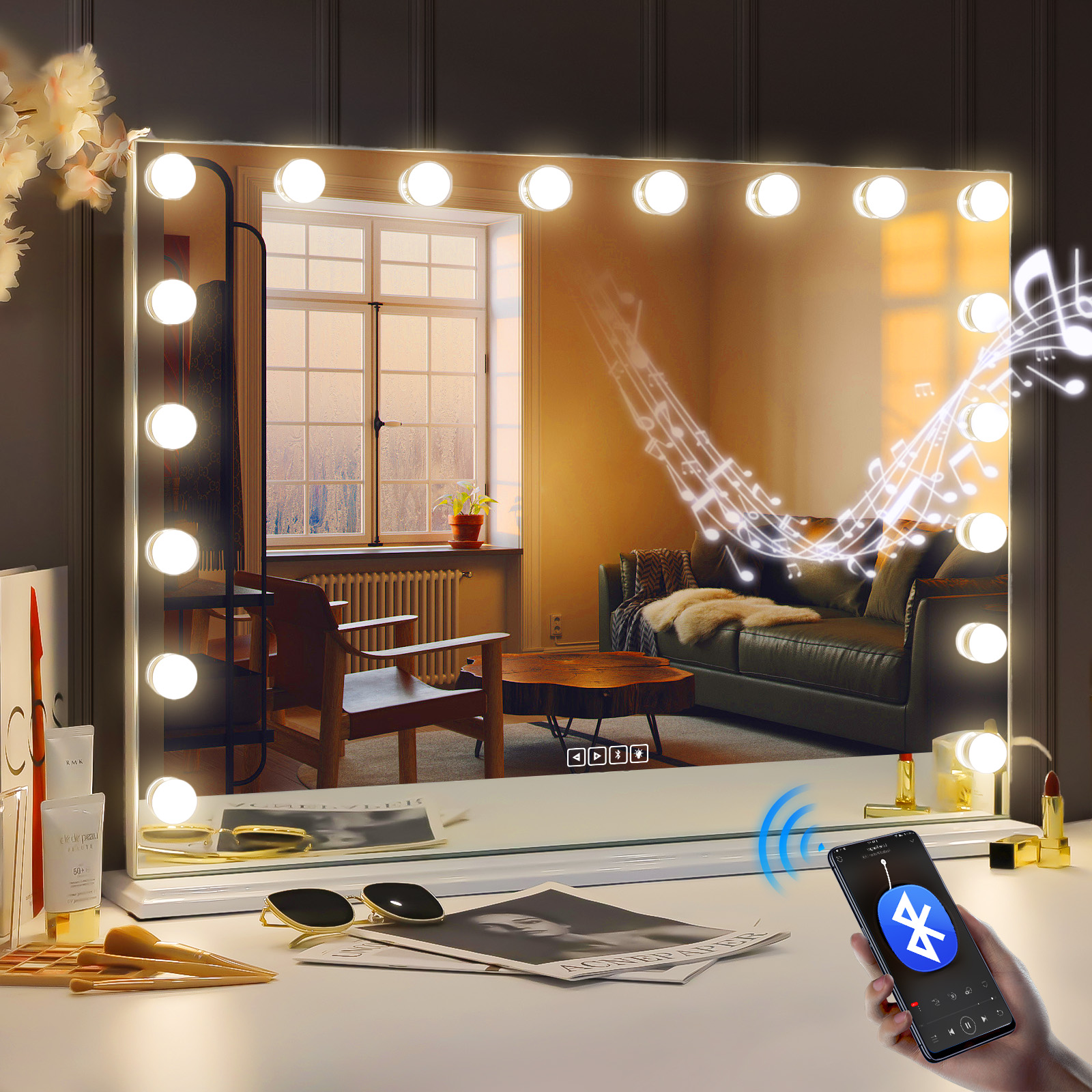 Best of FENCHILIN Vanity Mirror For Makeup With Speaker Extra Large Hollywood Lighted Mirror With 18 Dimming LED Bulbs Smart Tabletop Reviews & Tips