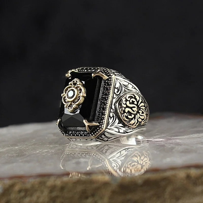 Vintage Hand Engraved Pattern Turkish Signet Ring for Men Fashion Set Green Stone Seal Islamic Muslim Jewelry