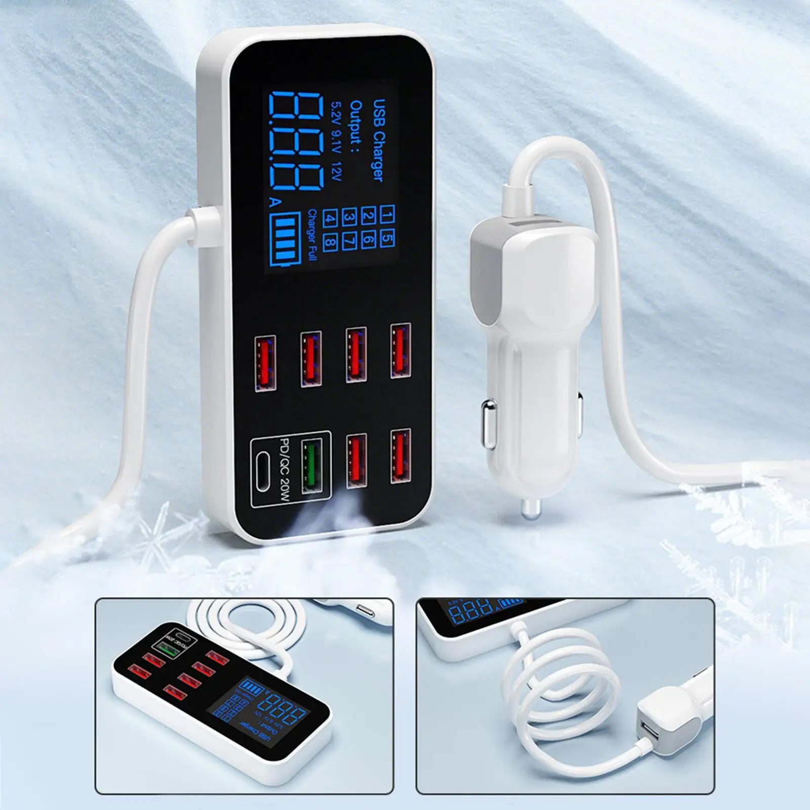 s USB Car Charger, 9 Ports Digital Display Lighter Adapter Fit for 