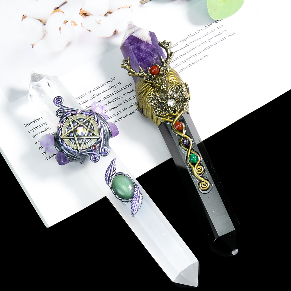 Natürlicher Obsidian-Amethyst-Pentagramm-Zauberstab, handgefertigt, magischer Zepter, glänzende Säule, Briefbeschwerer, Ornament, Film, Cosplay, Heilung – Detail 2