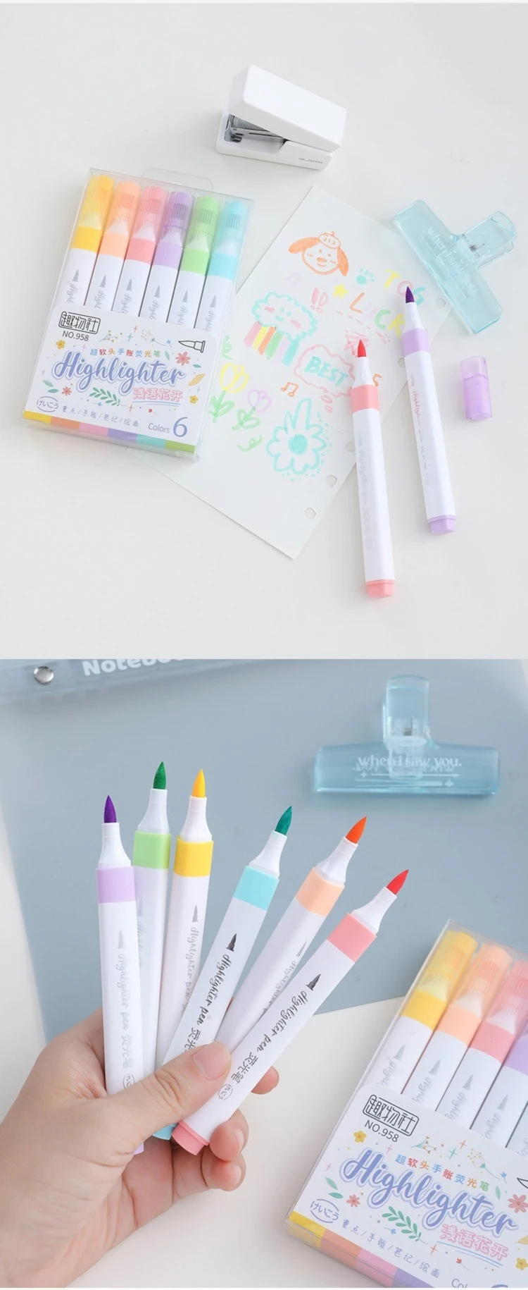 6-Farben-Textmarker-Set in Pastellfarbe, Pinsel, fluoreszierende Marker, Textmarker, Kunstmarker, japanisches süßes Kawaii-Briefpapier – Detail 6
