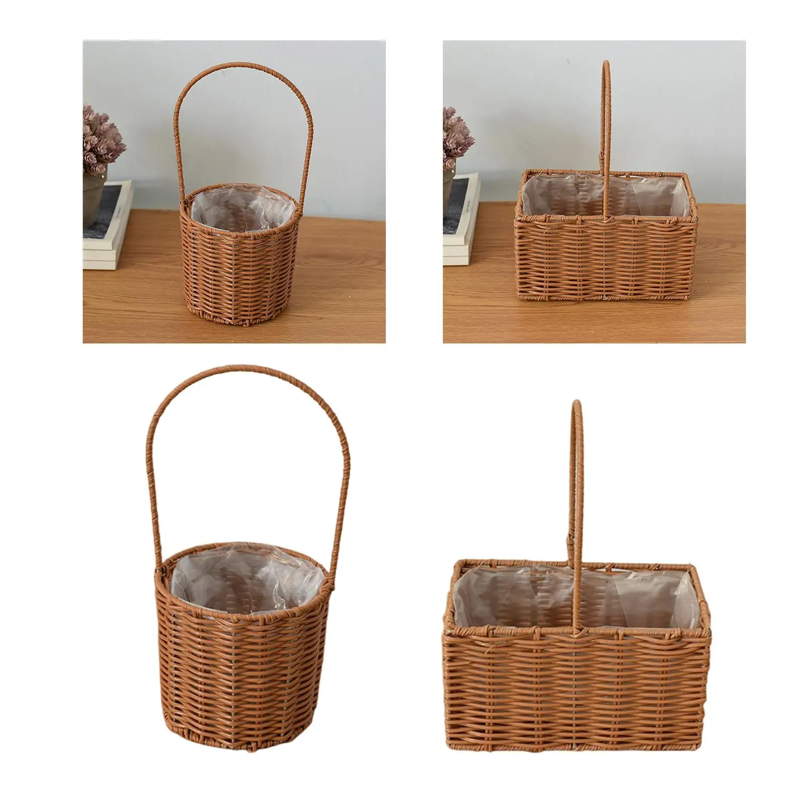 Rattan Flower Basket Vegetables Fruits Holder with Handle Handmade Wicker Basket for Living Room Home Decor