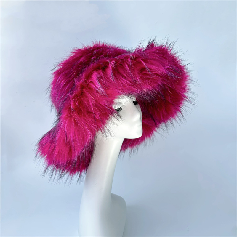 Harajuku Girls Sweet Cute Pink Wide Brim Floppy Furry Shag Hat Women Winter Y2k Fashion Fuzzy Festival Faux Fox Fur Bucket Hats