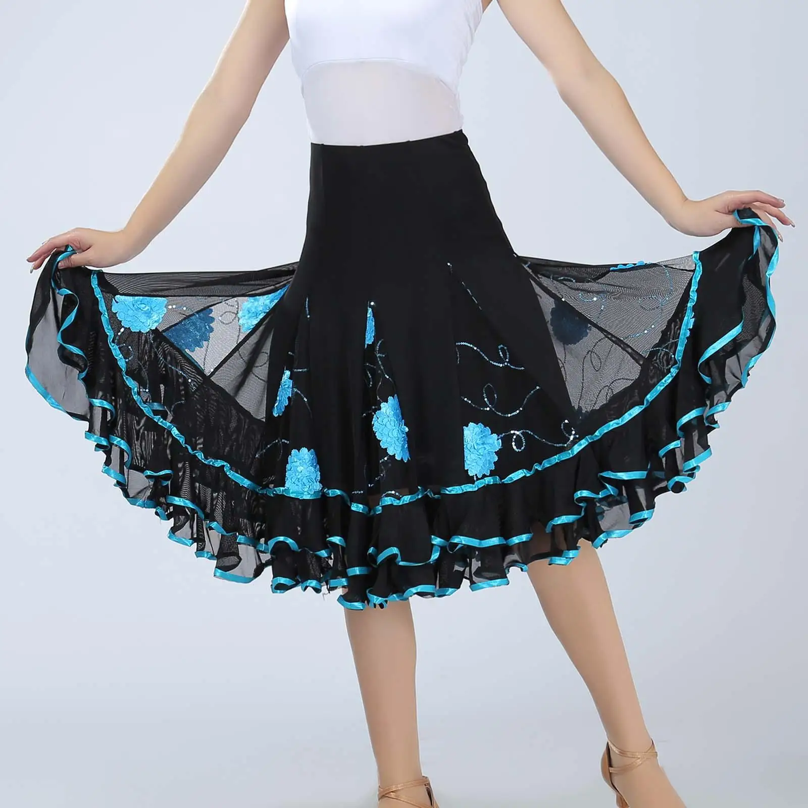 Elegant Ballroom Dance Skirt Dancing Costume Party Stage Performance Long Swing Skirt for Flamenco Cha Cha Rumba Women