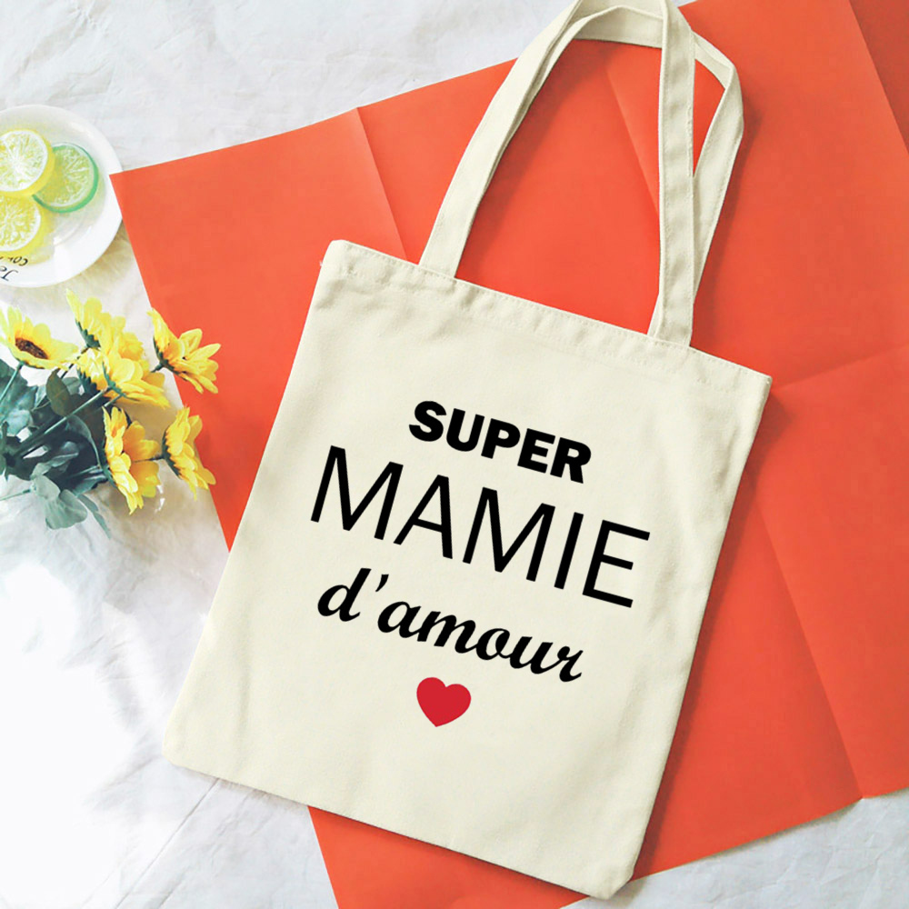 Französische Mamie-Druck-Schultertaschen aus Segeltuch, weibliche Einkaufstaschen, Damen-Reisehandtaschen, umweltfreundliche, wiederverwendbare Aufbewahrungstasche, Geschenke für Oma – Detail 7
