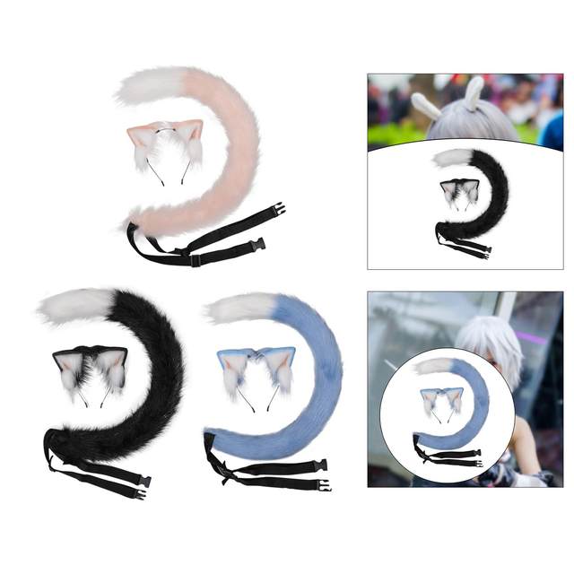 Faux Fur Cat Ears and Tail Set Hair Clip for Cosplay Roleplay Stage Shows