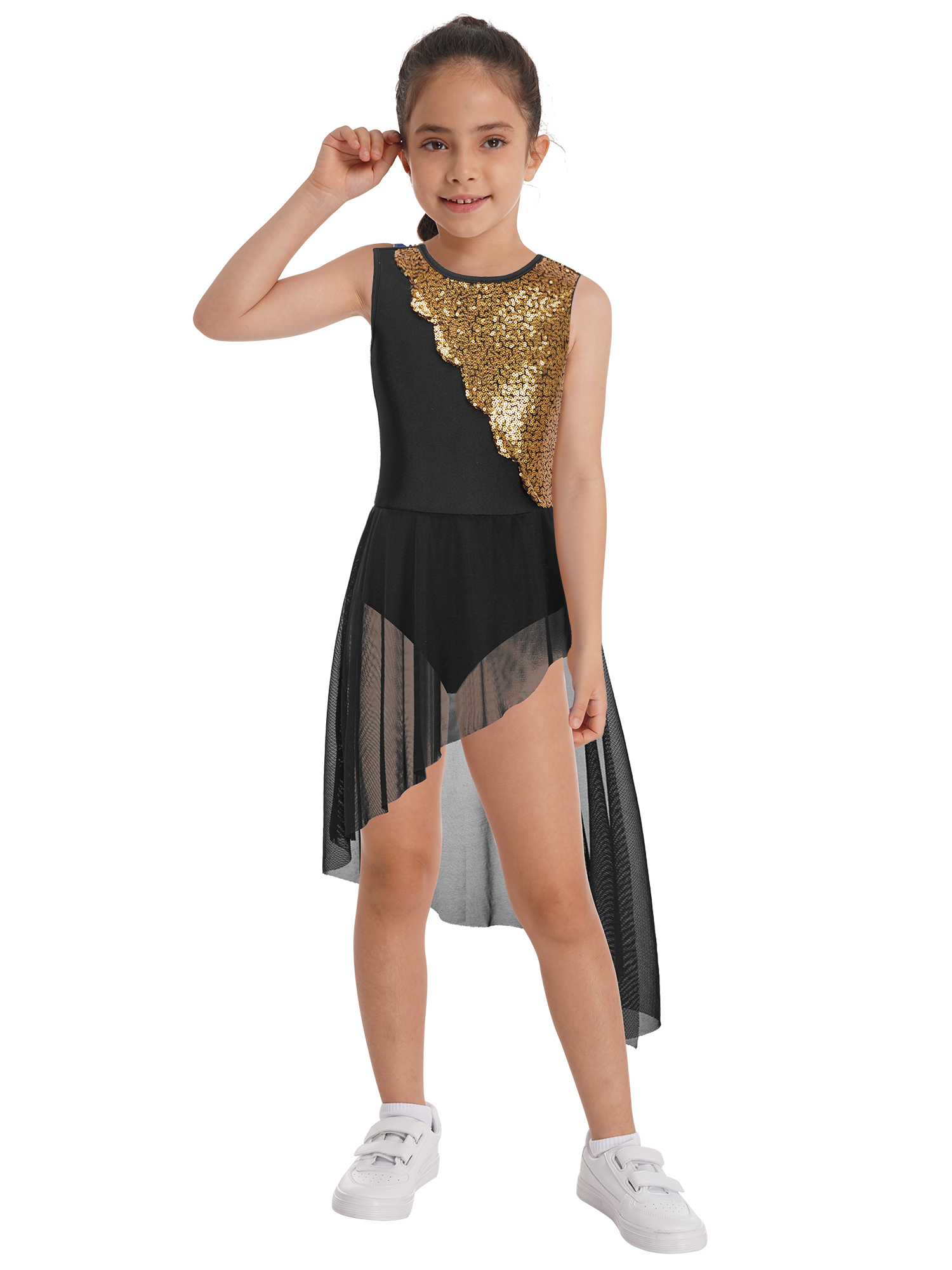 Kinder Mädchen lyrische Tanz kleid Ballett Tutu Eiskunstlauf Gymnastik Performance Kostüm ärmellose glänzende Pailletten Trikot Kleider – Detail 3