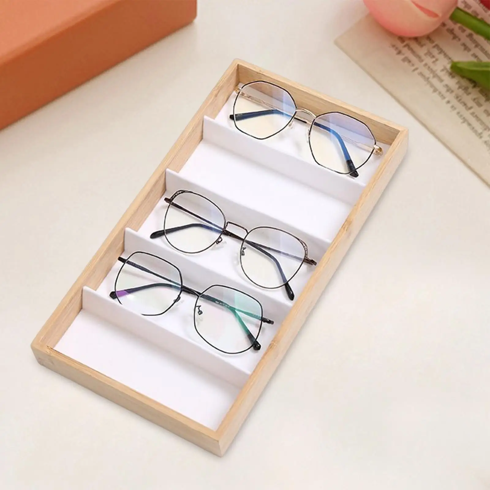 Glasses Display Tray, Eyewear Show Tray Wood Velvet Jewelry Organizer 