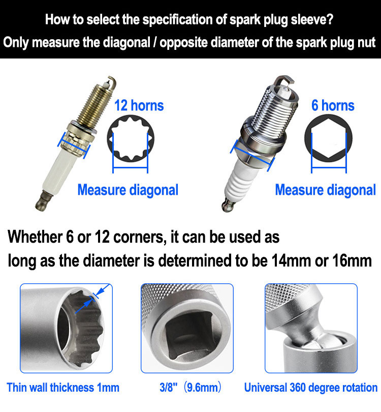 3/8" Zündkerzen-Steckschlüssel, Universalgelenk, magnetisches Entfernungswerkzeug, 14 mm, 16 mm Antrieb, 12-Punkt, für BMW N54 N55 N63 Benz E90 – Detail 2
