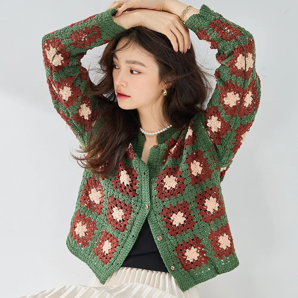 Crochet Cardigan  Women’s Vintage Hollow-out Handmade Autumn Fall Floral Knitted Cardigans Sweaters for Woman in Green