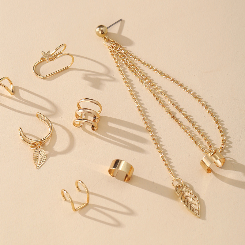 12PC Creative Gold Color Leaves Clip Earrings for Women Men Simple C Ear Cuff No Piercing Ear Ear Clip Set Trend Jewelry Gift