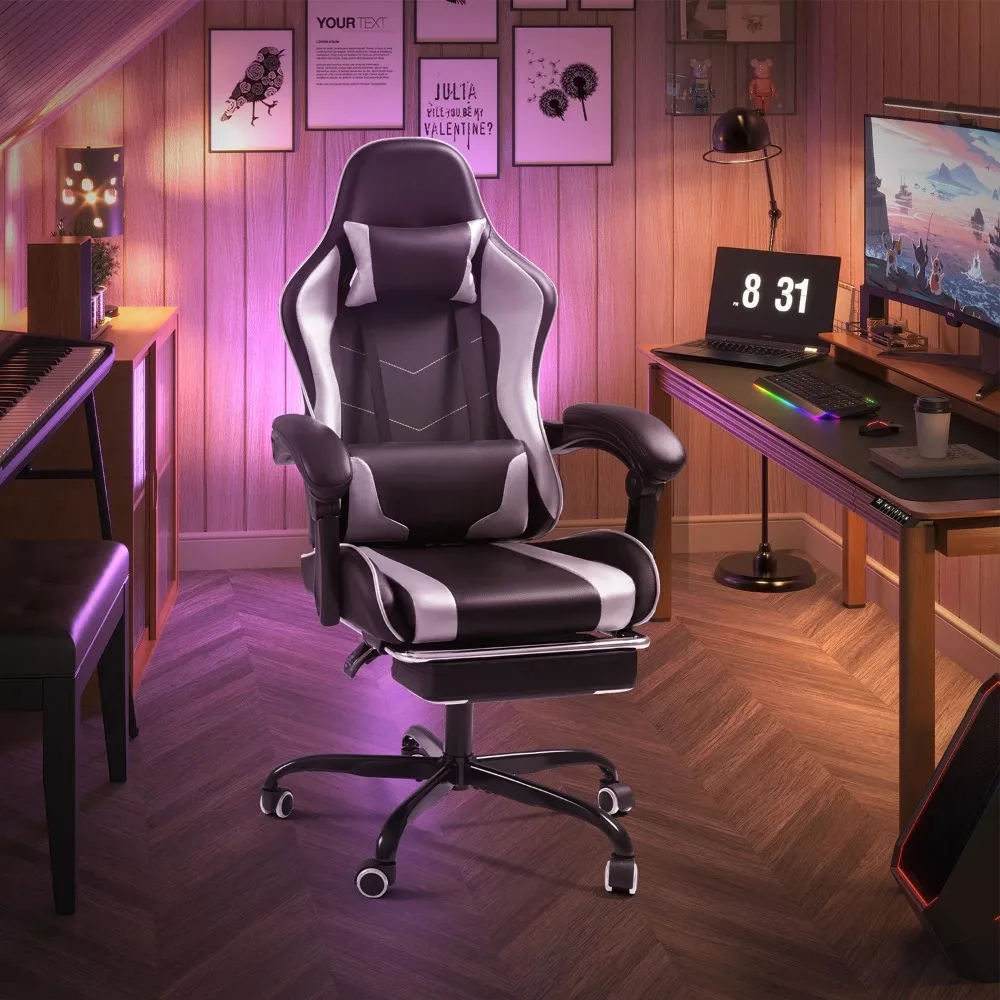 A cozy black and white gaming chair with a cushioned headrest in a room.