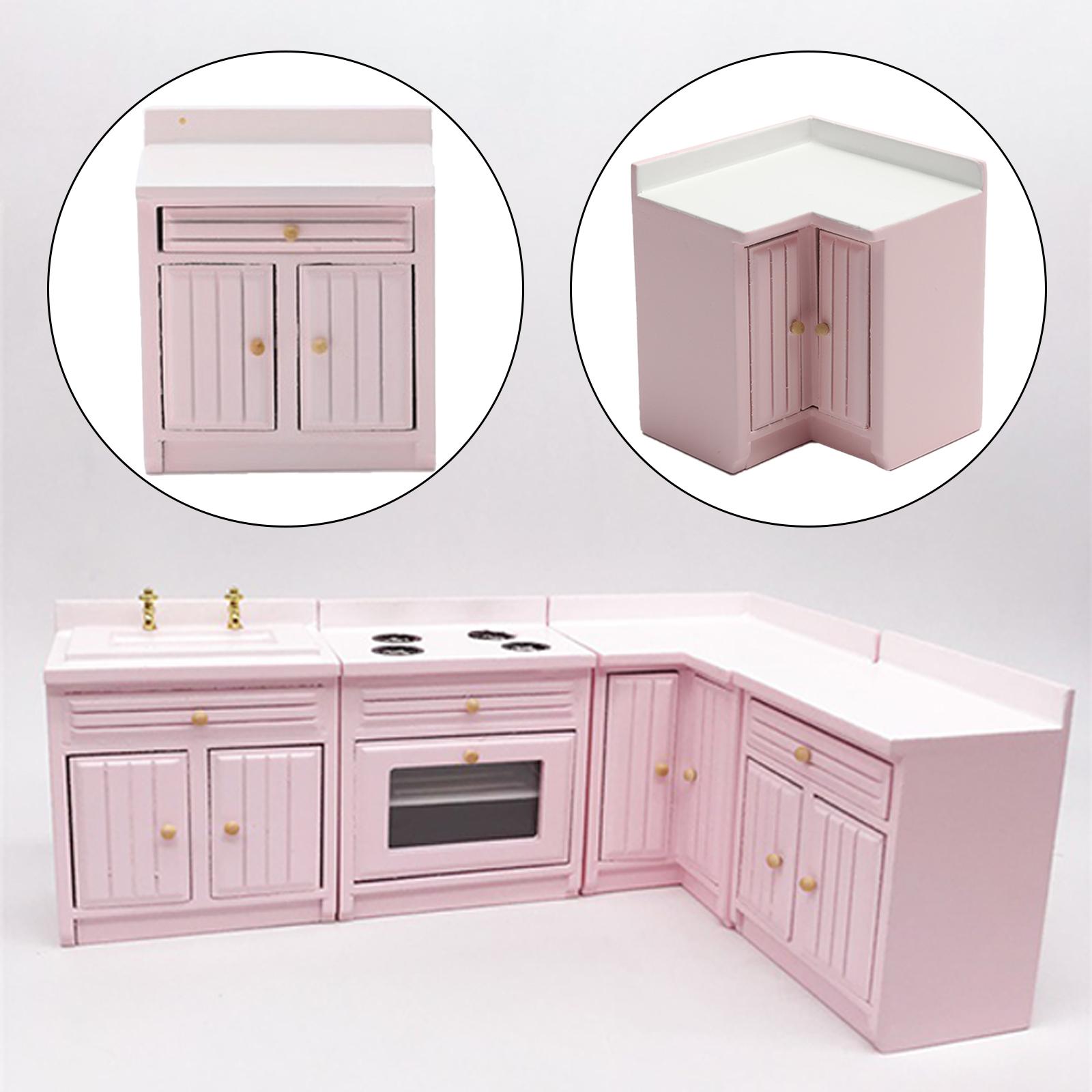 Dollhouse Small Kitchen Cupboard Furniture Pink Doll House Cabinet Kids Play Toys Dining Room Decoration Ornament Accessories