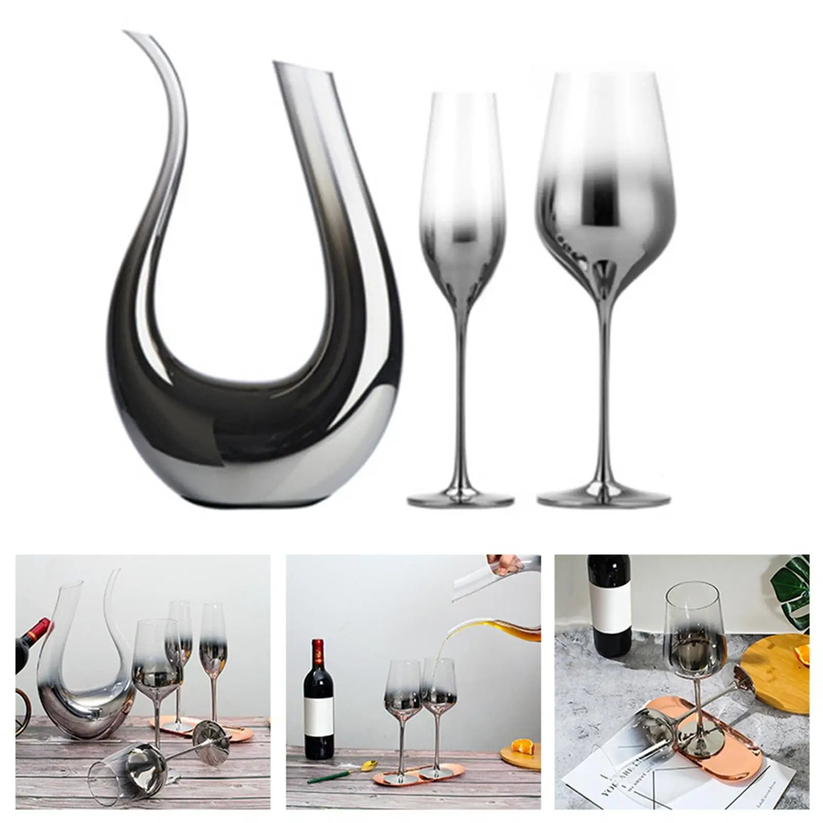 Crystal Glass Electroplating Silver gray Gradient American Red Wine Glass Metal Goblet U shaped Decanter Wine Cup