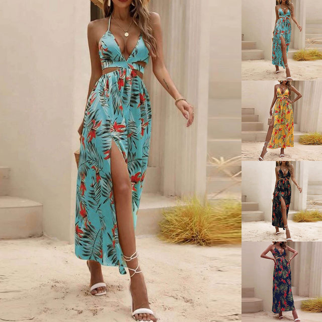 Summer Sling Long Dress Leaf Floral Print Dress V Neck