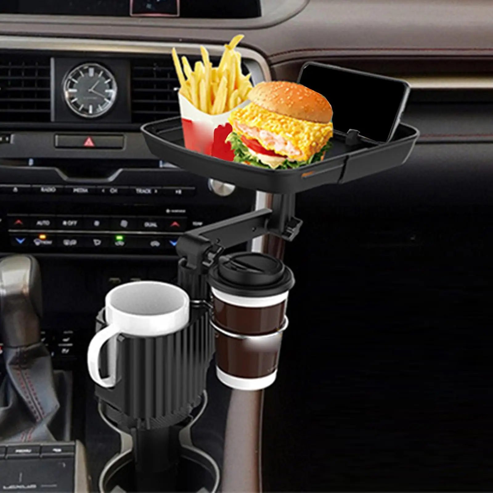 Car Cup Holder Tray Dining Table 360 Swivel Arm Black Sturdy Dinner Plate Multifunctional Practical for Most Car Dining Durable