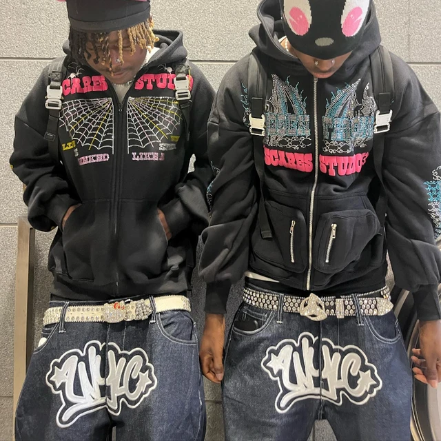2023 Trendy Mens Y2K Hip Hop Jeans With Letter Print Black Loose