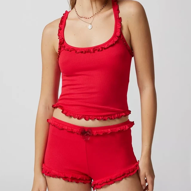 Sweet Girl Ruffle Shorts + Camisole Crop Tops Women 2 Piece Set