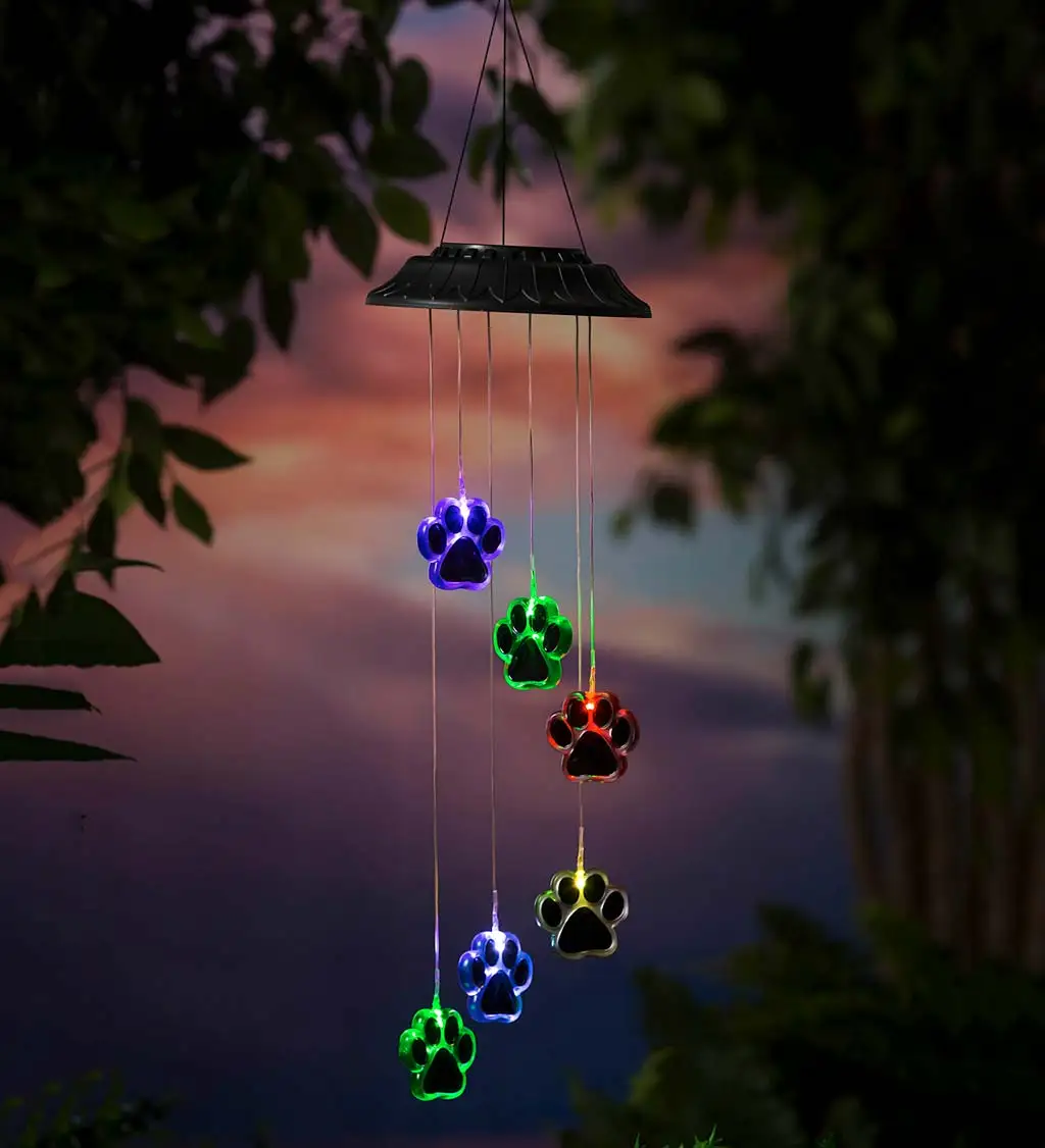 Pet Pawprint Solar LED Wind Chimes Lights Dogs Cat Six Outdoor Waterproof Color Changing Balcony Yard Patio Decor for Pet Lover solar led lights outdoor