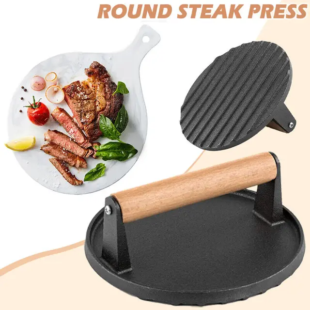 8 x 4 Steak Weight, Cast Iron Bacon Press with Wooden Handle,  Heavy-Weight Barbecue Hamburger Steak Weights, Grill Sausage & Meat  Press,Professional