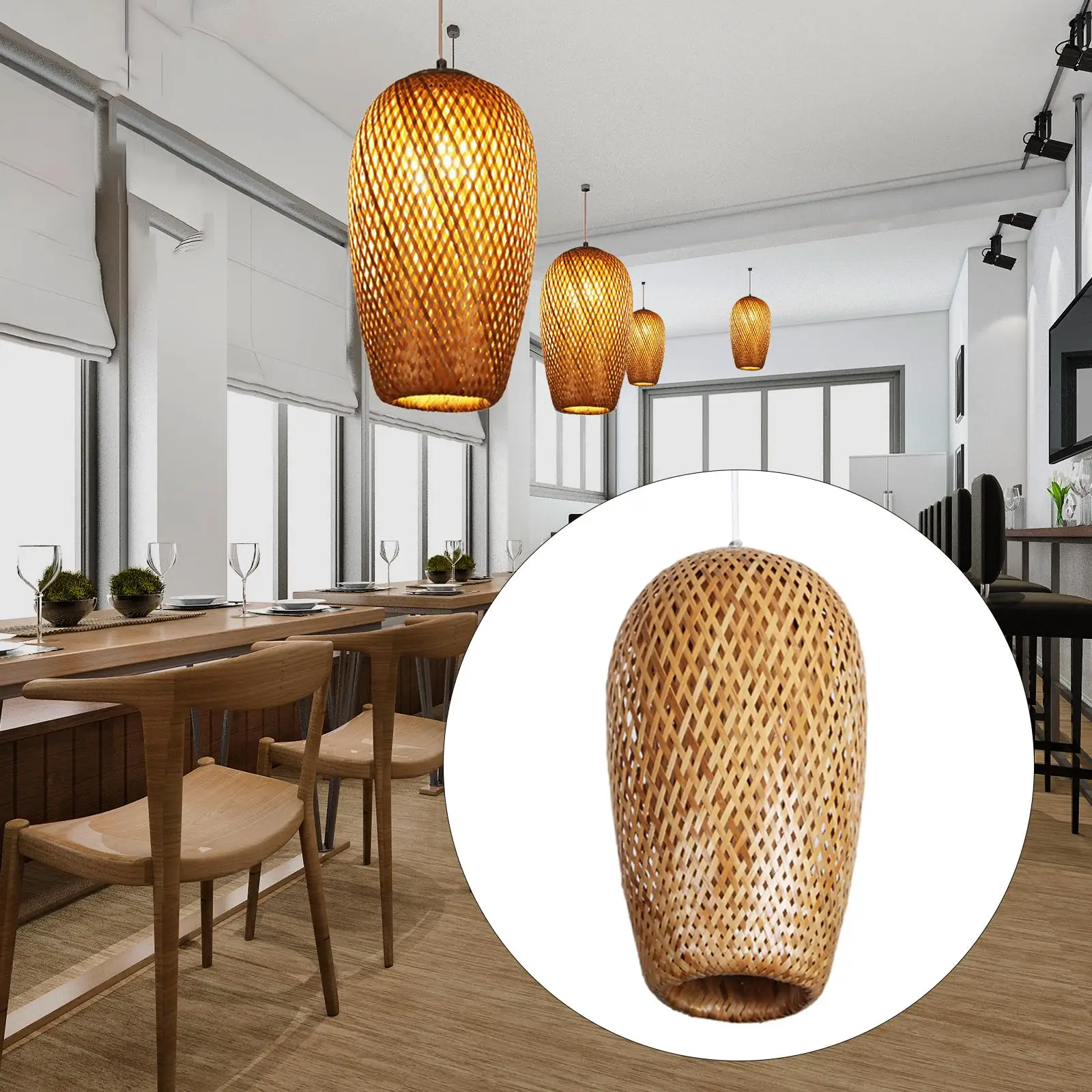 Hand Woven Bamboo Pendant Light Lamp Shade Ceiling Lamp Hanging Chandelier for Restaurant Kitchen Dining Room Decor