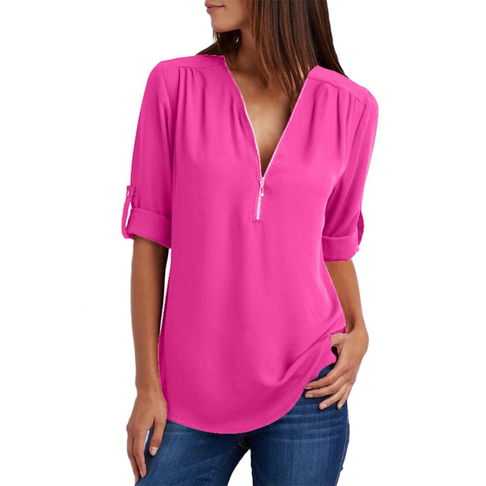 Title 23, Casual Office Lady Blouses Sexy Solid Color Zip...