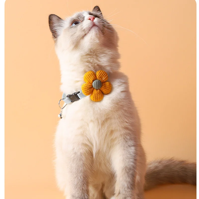 Cotton cat dog collar knitted flower pet necklace solid color with bell pet bow tie cat collar puppy kitten Bibs pet accessories