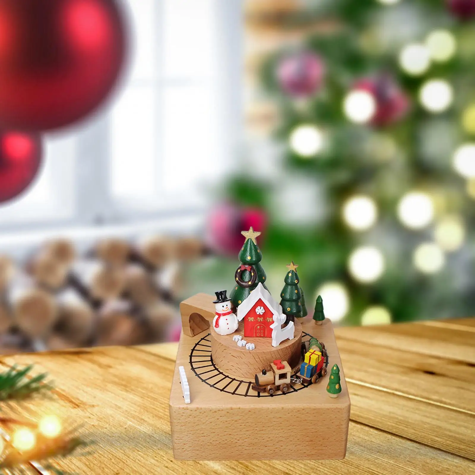 Christmas Wooden Musical Box with Revolving Trains Play Melody ``merry Christmas`` for Children Wife Girlfriend Friends Birthday