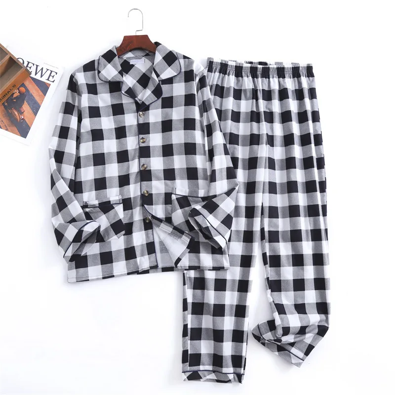 best mens pajamas Autumn and Winter Men's Newest Cotton Flannel Brushed Trouser Suit Plaid Design Clothes with Button Pajama Set Homewear Men Suit best mens pajamas