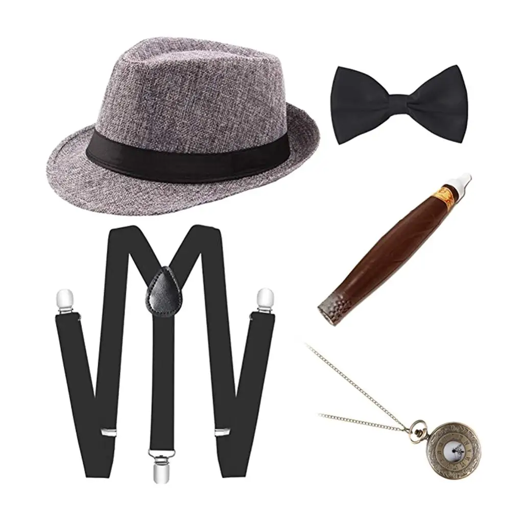 5 in 1 Men Stage Party Costume Performance Fedora Watch Bow Tie Cosplay