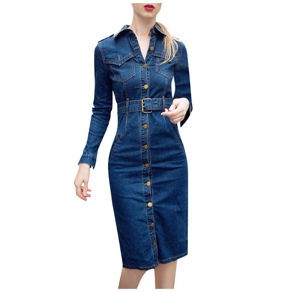 Jean vestido denim vestidos com cinto escritório