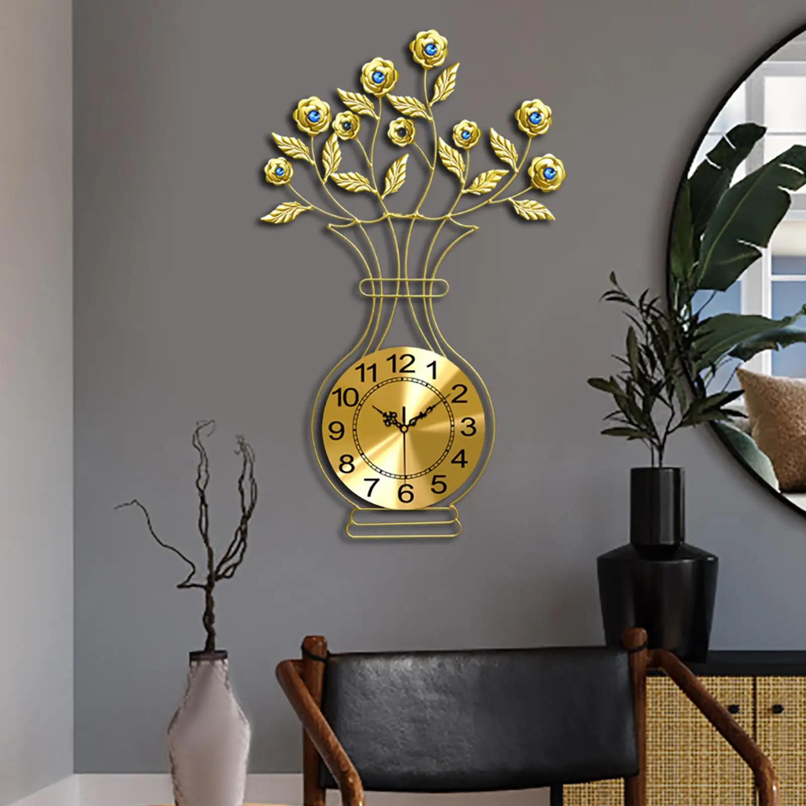 wall Clock Silent Decor Hanging Decorative Porch Decoration Vase Leaves for Home Bathroom Dining Room Hallway Hotel