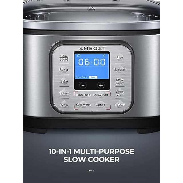 Slow Cooker, 10 in 1 Programmable Cooker, 6Qt Stainless Steel, Rice Cooker,  Yogurt Maker, Delay Start, Steaming Rack and Glass Lid, Adjustable