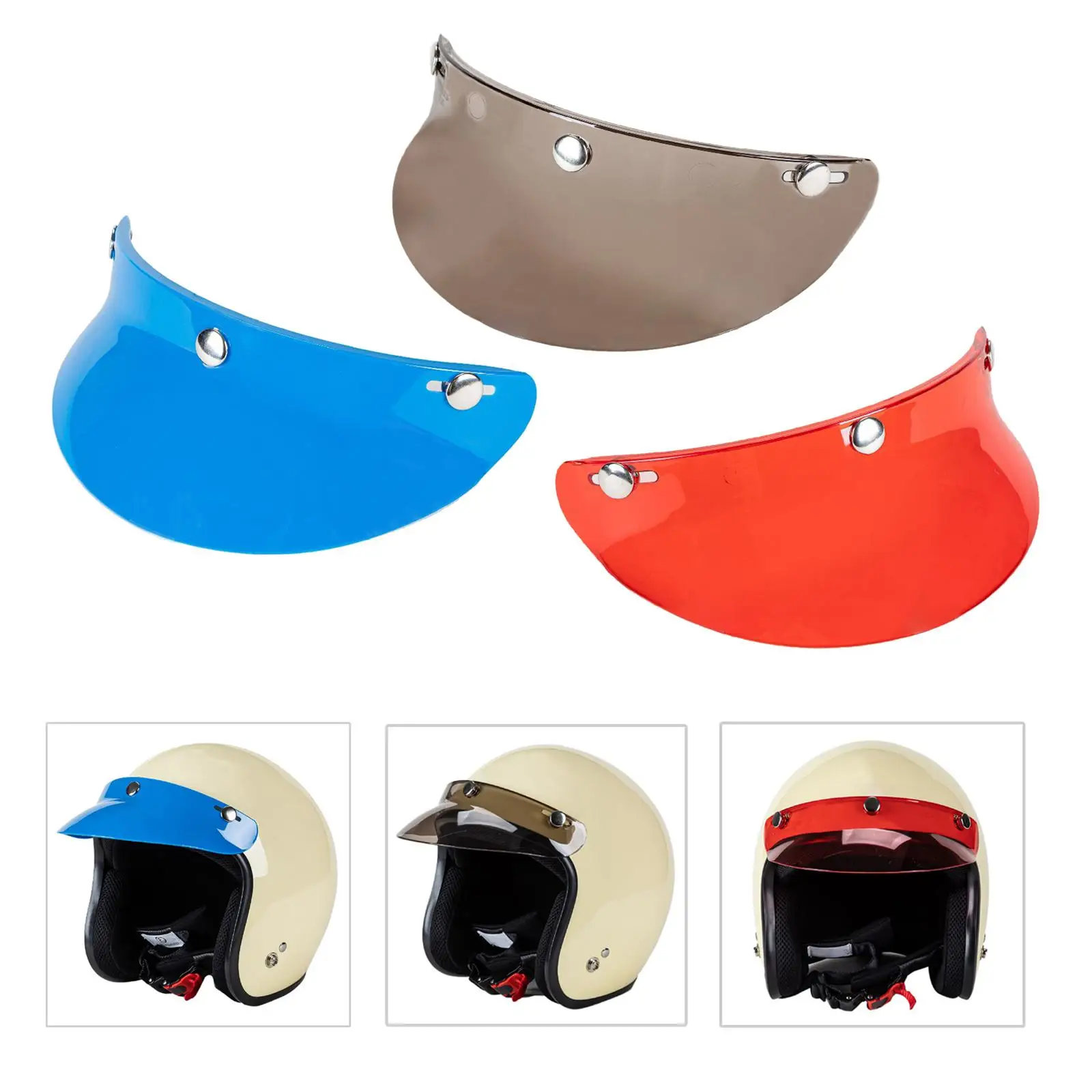 3x Vintage Universal 3-Snap Motorcycle Helmet Visor Peak Open Face Shield