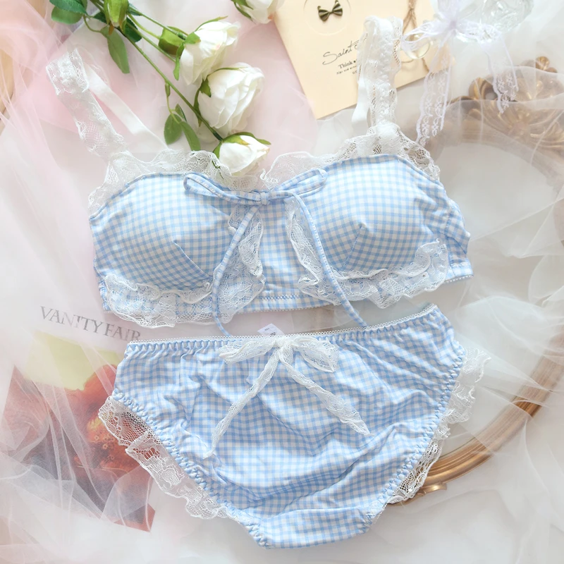 Summer Fresh Blue Bras Collection Japanese Lolita Girl Student Underwear Set Sweet Cute Underwear Small Bra and Panty Sets bra and panty sets