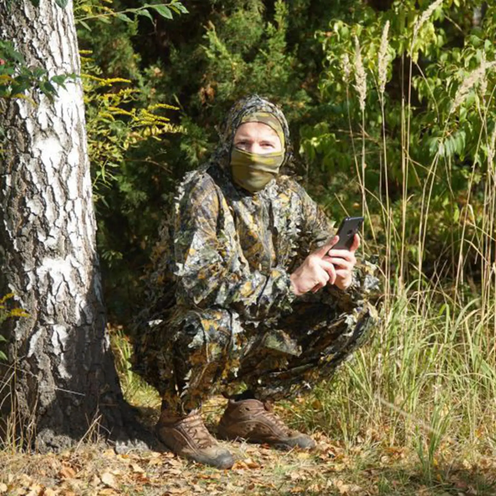 Ghillie Suit Hunting Woodland Hooded Jacket Pant Camo Leafy Zippers Unisex