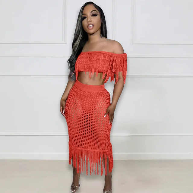 ANJAMANOR Summer Set Women Crochet Tassel Crop Top Maxi Crochet Midi Skirt  Plus Size Sexy Clothing Boho Beach Outfit 2019 D43 AF33 T200623 From Luo03,  $20.9