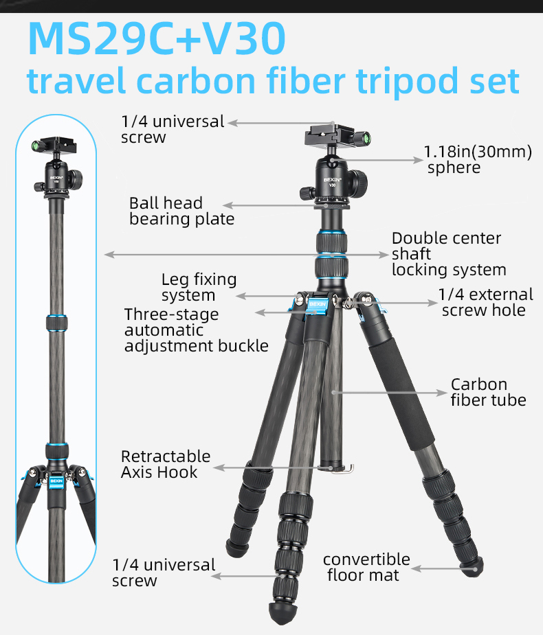 BEXIN Reise-Profi-Stativ Leichtes Carbonfaser-Einbeinstativ mit Kugelkopf für Canon Sony Nikon DSLR-Kameras – Detail 4