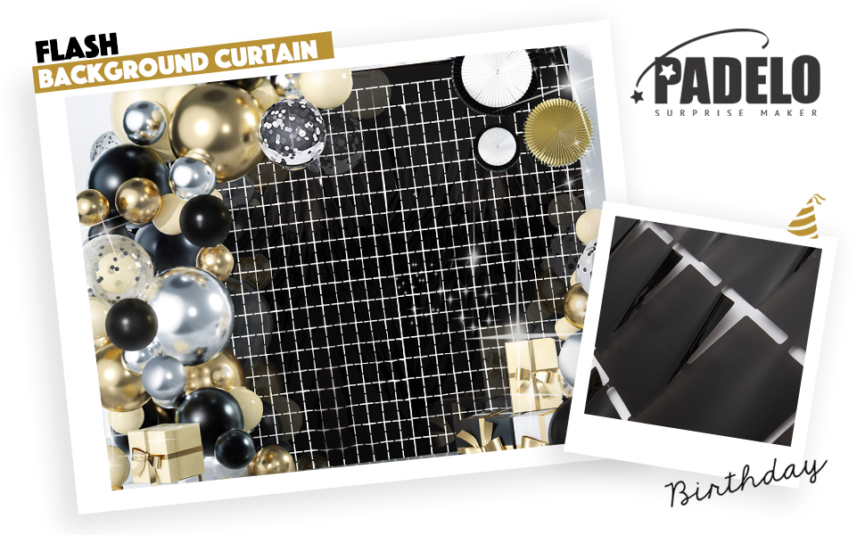 Description Picture 2 of item2PCS Shimmer Wall Backdrop, Square Backdrop Curtain, Black Streamer Backdrop for Party Decorations Black Gold Rose Gold Silver