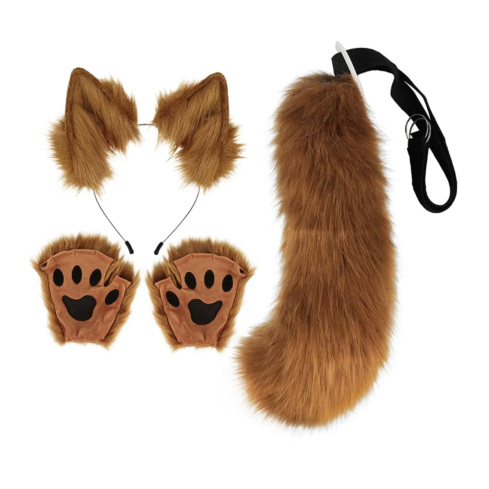 Ears and Tail Hair Hoop with Gloves, Animal Ears, Plush Long Tail Plush Wolf