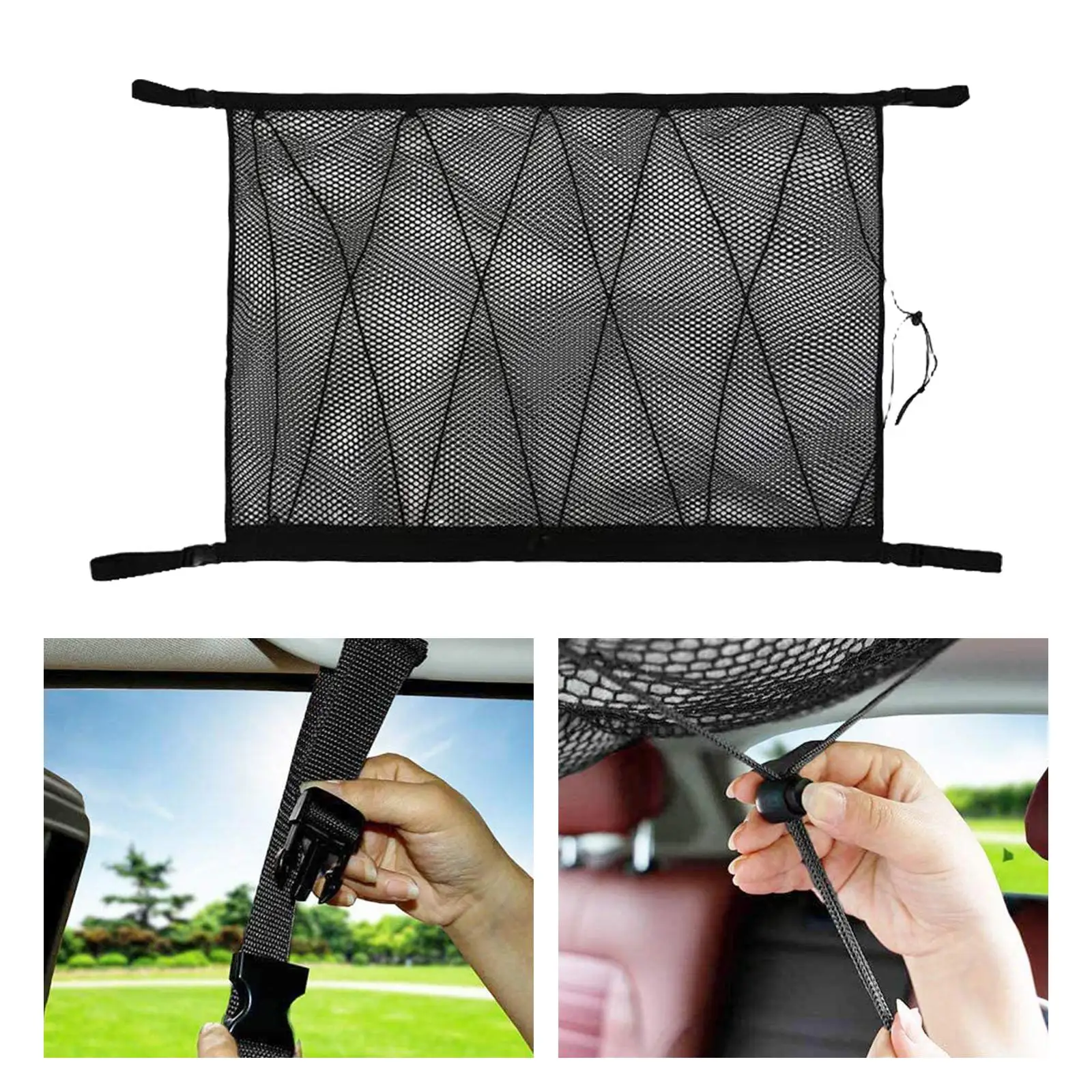 Car Ceiling Cargo Pocket with Zipper Adjustable for Quilt Camping